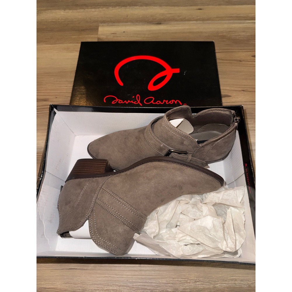 David Aaron Austin Taupe Faux Suede Buckle Ankle Boots Size 7 M Pointed Toe